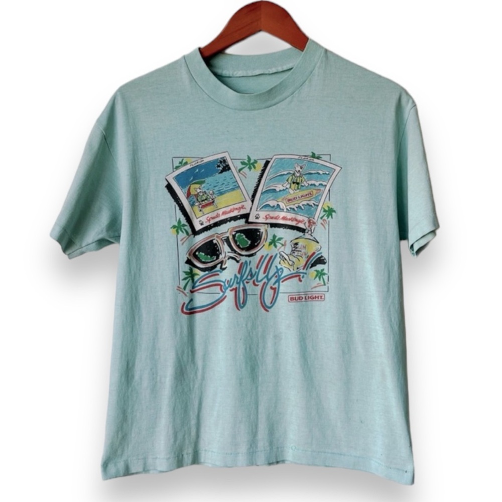 Vintage 1986 Spuds Mackenzie Surf's Up Bud Light T-Shirt Green l Unisex Graphic